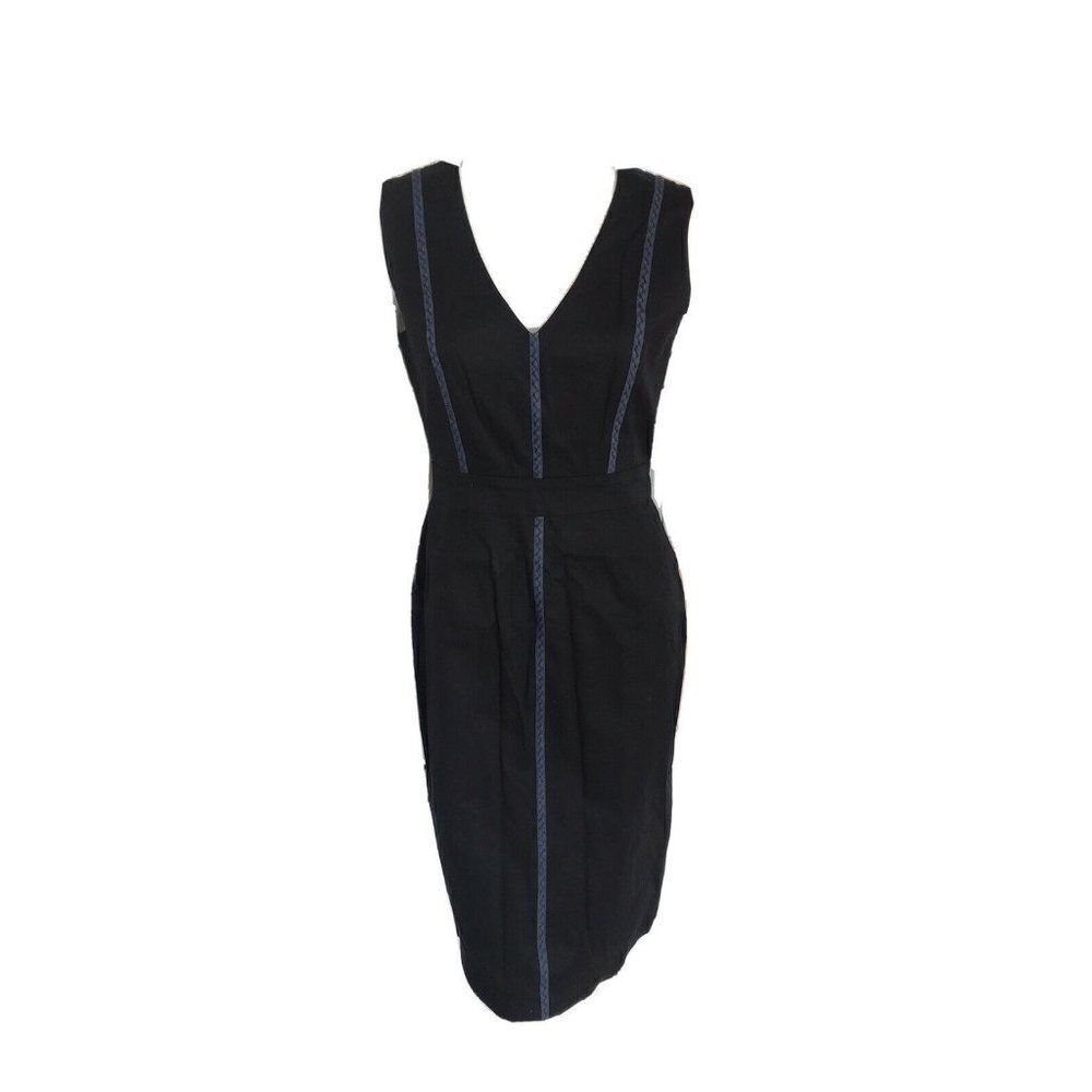 Abaete Black Blue V-Neck Sheath Sleeveless Braided Knee Length Dress Size 4